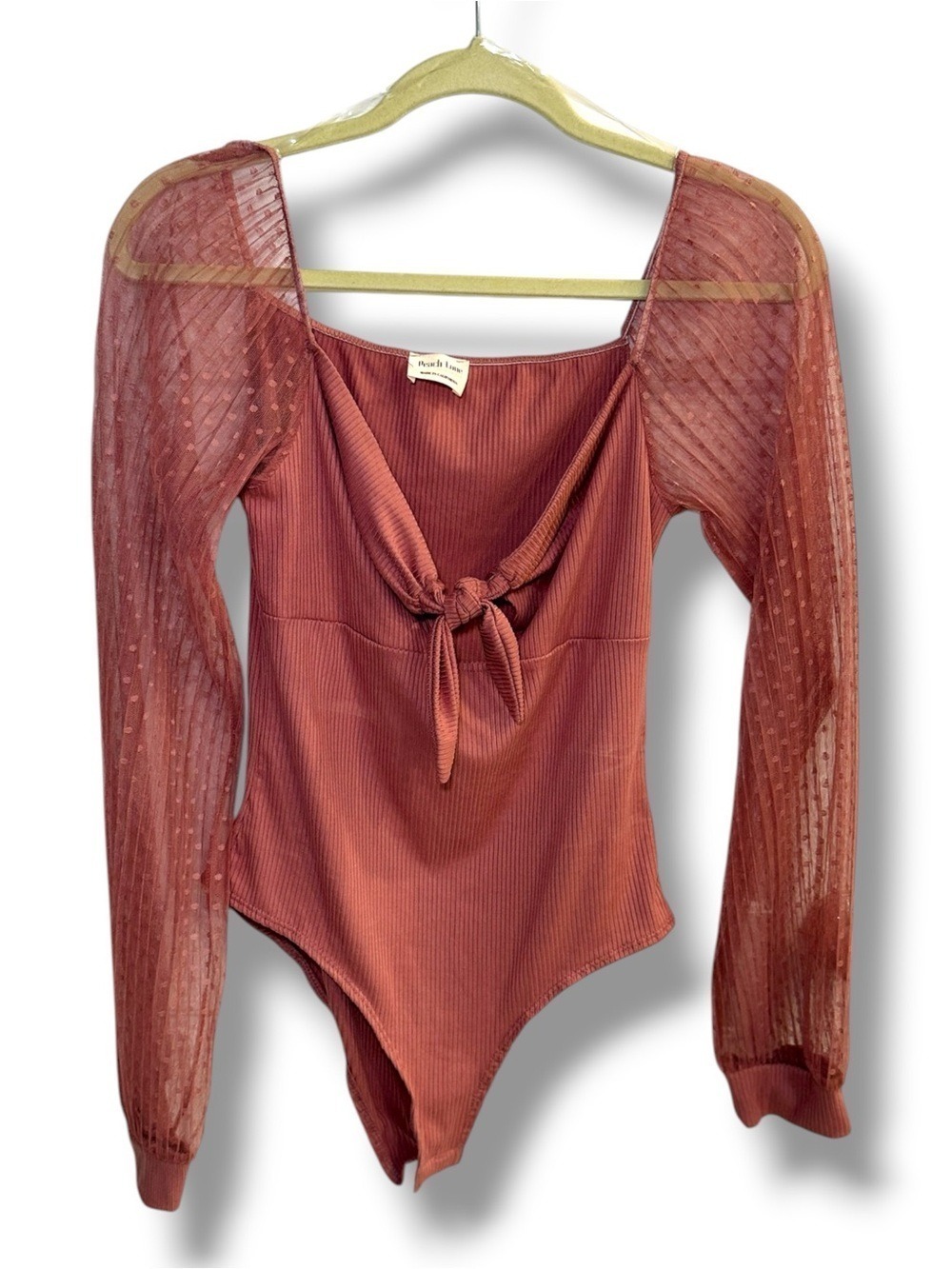 Peach Love California Mauve Ribbed Sheer Mesh Long Sleeve Bodysuit Large